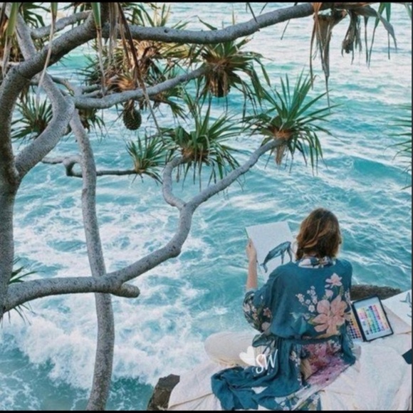 boho gypsy teal green Floral Kimono Cover up - Picture 4 of 10